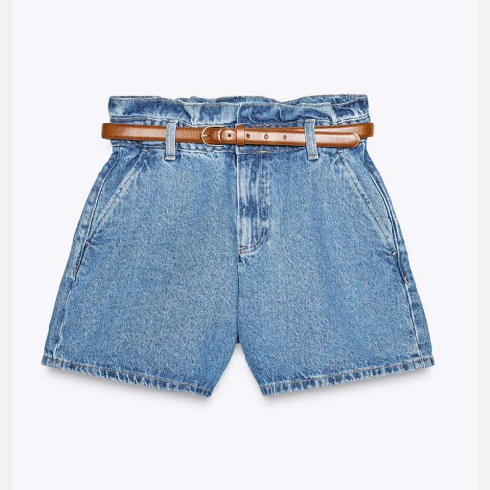 Zara High Waisted Paperbag Denim Shorts with Brown Belt